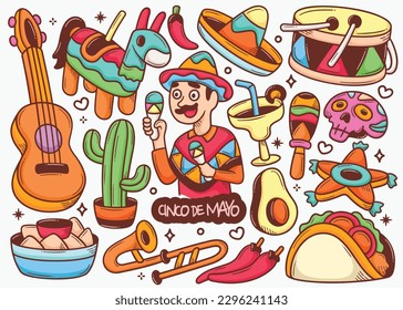 Cinco De Mayo Doodle Hand Drawn Color Vector Collection