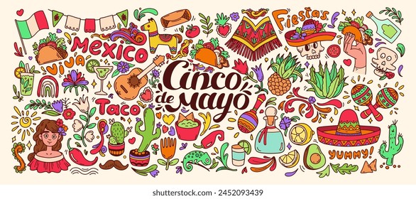 Cinco de Mayo doodle set color. Mexican food elements, traditions, plants big collection. Mexican celebration background. Guitar, sombrero, maracas, cactus and chili, taco, tequila isolated on white.