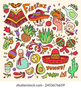 Cinco de Mayo doodle set color. Mexican food elements, traditions, plants big collection. Mexican celebration background. Guitar, sombrero, maracas, cactus and chili, taco, tequila isolated on white.