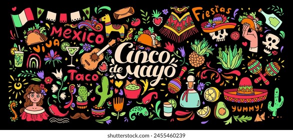 Cinco de Mayo doodle set on black background. Mexican food elements, traditions, plants big collection. Mexican celebration background. Guitar, sombrero, maracas, cactus and chili, taco, tequila.