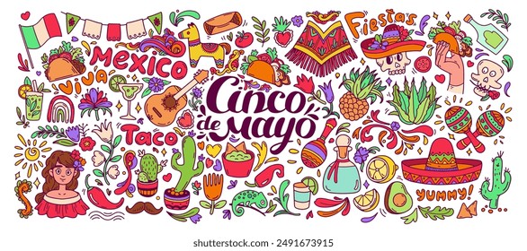 Cinco de Mayo doodle set color. Mexican food elements, traditions, plants big collection. Mexican celebration background. Guitar, sombrero, maracas, cactus and chili, taco, tequila isolated on white.