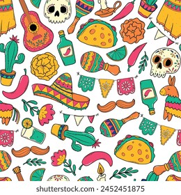 Cinco de mayo doodles seamless pattern for nursery textile prints, wallpaper, wrapping paper, backgrounds, scrapbooking, packaging, etc. Dia de los muertos theme. EPS 10