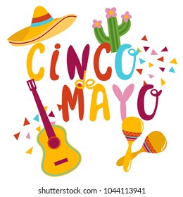 Cinco De Mayo dynamic composition with hand drawn lettering design and musical instrument perfect for advertising, poster, announcement, invitation, party, greeting card, fiesta, bar, restaurant, menu