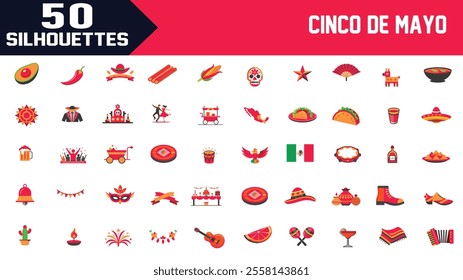 Cinco de Mayo Editable Stroke Outline Web Silhouettes Set ,Mexican Holiday Vector Icons , Celebrate Cinco de Mayo with Web Silhouettes Designs 