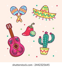 Cinco de mayo elements. Happy Cinco de mayo Fiesta. Cinco de mayo celebration. May 5. Cartoon Vector illustration design for Poster, Banner, Flyer, Card, Post, Cover, Greeting. Mexican holiday.