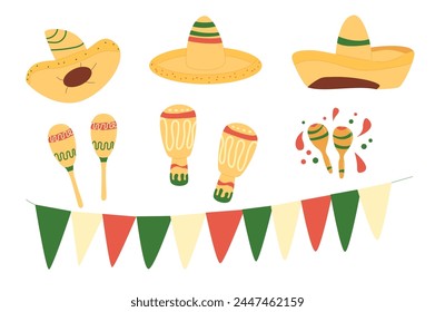 Cinco de Mayo elements set. Sombrero , maracas, flag garland. Mexican Festival traditional items. Vector flat hand drawn illustration isolated on white background.