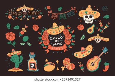Cinco de Mayo elements vector cartoon set isolated on a white background.