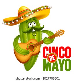 Cinco de Mayo emblem design with lettering, and cheerful green Mexican cactus wearing sombrero, which playing guitar - symbols of holiday. Isolated on white background. Vector illustration. 