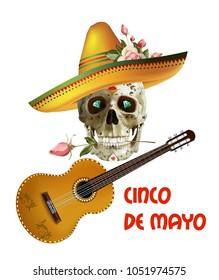 Cinco de Mayo emblem design with lettering, sombrero and guitar - symbols of holiday. Isolated Vector illustration. vector