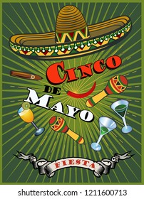 Cinco de Mayo emblem design with lettering, sombrero and maracas