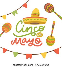 Cinco de Mayo emblem design with hand drawn calligraphy lettering, sombrero , flags and maracas - symbols of holiday. Isolated on white background. Vector flat hand drawn illustration