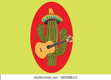 Cinco de Mayo emblem design , and cheerful green Mexican cactus wearing sombrero, which playing guitar - symbols of holiday. Isolated  background. Vector illustration.