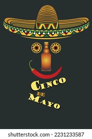 Cinco de Mayo emblem design with lettering, sombrero and maracas