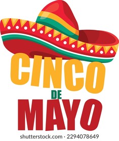 Cinco de Mayo emblem design with lettering, sombrero and maracas - symbols of holiday. Isolated on white background. Vector illustration.