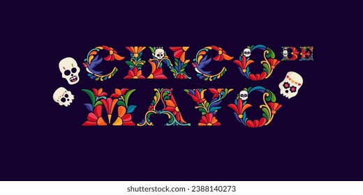 Cinco de Mayo emblem design with lettering with colorful and ornate ethnic pattern. Traditional Aztec leaves and flowers embroidery ornament. Vector design for folk Spanish food, holidays, party.