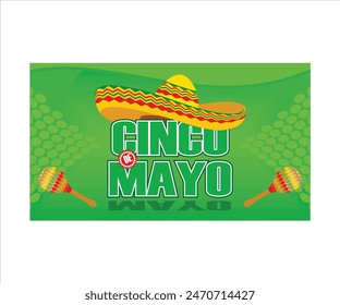 Cinco de Mayo emblem design with lettering, sombrero and maracas symbols of holiday. Flat vector modern illustration 