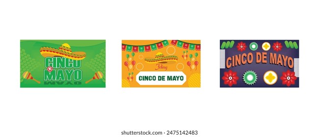 Cinco de Mayo Emblem Design mit Schriftzug, Sombrero und Maracas Symbole des Urlaubs. Banner mit Sombrero, Luftballons, Buntings und Text Feliz Cinco de Mayo. Cinco de Mayo 5. Mai, Bundesurlaub in Mexiko