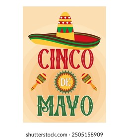 Cinco de Mayo Emblem Design mit Buchstaben, Sombrero und Maracas Feiertagssymbole. flache, moderne Vektorgrafik 