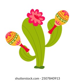 Diseño de emblema del Cinco de Mayo con letras, y alegre cactus mexicano verde con sombrero, que juega maracas - símbolos de vacaciones. Aislado sobre fondo blanco. Ilustración vectorial.
