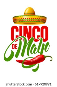 Cinco de Mayo Emblem Design mit handgezeichneter Kalligrafie, Sombrero und rotem Pfeffer jalapeno - Symbole des Urlaubs. Einzeln auf weißem Hintergrund. Vektorgrafik. 