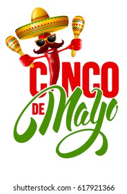 Cinco de Mayo emblem design with hand drawn calligraphy lettering, and cheerful red pepper jalapeno in sombrero and with maracas. Isolated on white background. Vector illustration. 