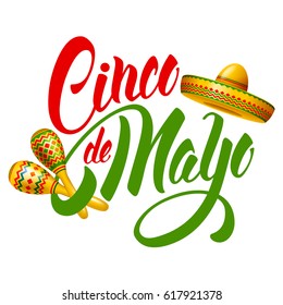 Cinco de Mayo emblem design with hand drawn calligraphy lettering, sombrero and maracas - symbols of holiday. Isolated on white background. Vector illustration. 