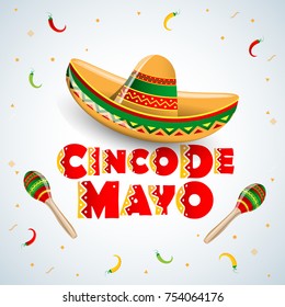 Cinco de Mayo emblem design with lettering, sombrero and maracas - symbols of holiday. Isolated Vector illustration.