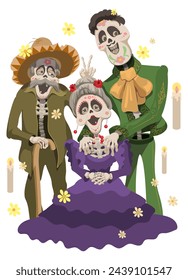 Cinco de mayo family grandma grandpa son man bones holiday flowers candles sombrero. Vector cartoon illustration isolated on white