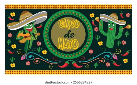 Cinco de Mayo features an animated cactus in a sombrero with musical instruments, surrounded by bright patterns, chilies and flowers, capturing the joyful spirit of this Mexican holiday celebration. 