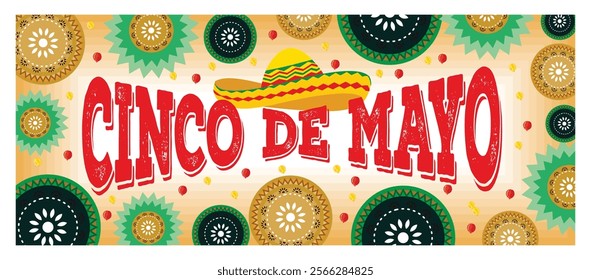 Cinco de Mayo featuring a festive theme of colorful sombrero, Mexican culture, and bright circular decorative patterns. Flat vector modern illustration  