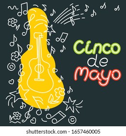 Cinco de Mayo, federal holiday in Mexico. May 5. Vector hand drawn lettering, Doodle background. Poster music concert, festival on dark background.