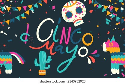 Cinco de Mayo federal holiday in Mexico. Fiesta banner and poster design with flags, flowers, decorations, Vector template with traditional Mexican