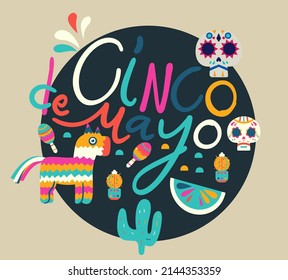 Cinco de Mayo federal holiday in Mexico. Fiesta banner and poster design with flags, flowers, decorations, Vector template with traditional Mexican