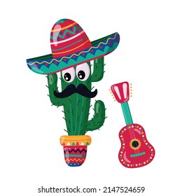 Cinco de mayo, federal holiday in Mexico. Cactus with guitar and sombrero. Isolated on white background. Vector banner. Vector illustration