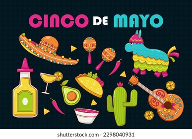 Cinco de Mayo, a federal holiday in Mexico. Fiesta poster and vector banner design elements with guitar, cactus, hat, pinata, tequila and taco