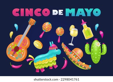 Cinco de Mayo, feriado federal en México. Fiesta de los elementos de diseño de afiches y banderas 3d vectores con guitarra, cactus, sombrero, pinata y tequila