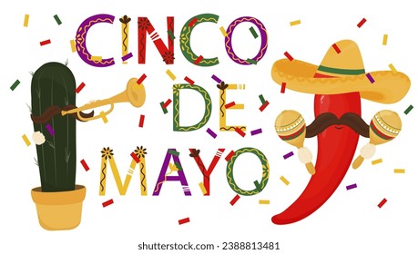 Cinco de Mayo, federal holiday in Mexico. Fiesta banner and poster design with flags, flowers, decorations. mexican independence celebration. Vector illustration. anniversary of Mexico's victory.