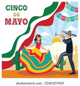 Cinco de Mayo with female dancers and mariachi musicians. Party with paper flags and cactus decorations. Cinco de mayo concept. Flat vector illustration.