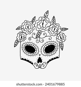 Cinco de Mayo Female Folk Mask with Rose Flower. Minimal Hand Drawn Line Graphic. Modern Stylized Vector Illustration
