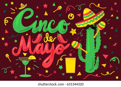 Cinco De Mayo Festival Banner from chili, confetti, cactus, mustache and margarita, sombrero and maraca. Festival Poster. Vector