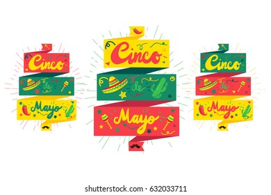 Cinco De Mayo Festival Banner with pepper, cactus, mustache and sombrero, maraca. Festival Poster. Vector