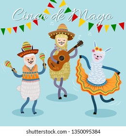 Cinco de mayo festival card with cute alpaca singing and dancing.