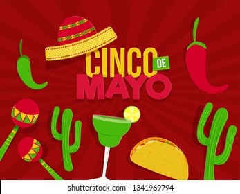 Cinco De Mayo festival celebration with party elements on retro red pop art background poster or flyer design.