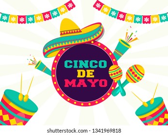 Cinco De Mayo festival celebration with party elements on retro white pop art background poster or flyer design.