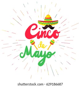 Cinco De Mayo Festival Flyer with mustache and sombrero, maraca. Festival Poster. Vector