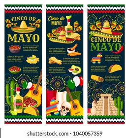 Cinco de Mayo Festival greeting banner for mexican holiday celebration design. Latin American fiesta party food and festive symbol of sombrero hat, maracas and pepper, tequila, cactus and guitar