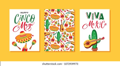 Cinco de Mayo Festival greeting cards design with guitar, sombrero, maracas, cactus, jalapeno, tequila and hand written text.