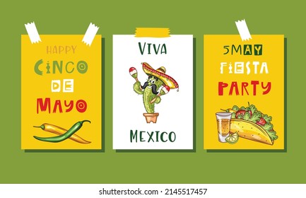 Cinco de Mayo Festival greeting cards design with sombrero, maracas, cactus, jalapeno and tequila. Cartoon style.