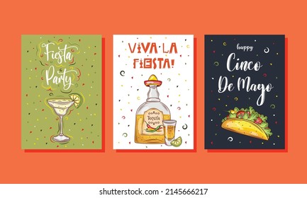 Cinco de Mayo Festival greeting cards design with sombrero, margarita coctail, tacos jalapeno, tequila and hand written text.