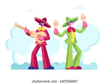 Cinco De Mayo Festival with Group of Mexican Men in Colorful Costumes and Sombrero Playing Guitar and Maracas Celebrating National Folk Music Holiday. Artist Musicians. Flat Vector Illustration